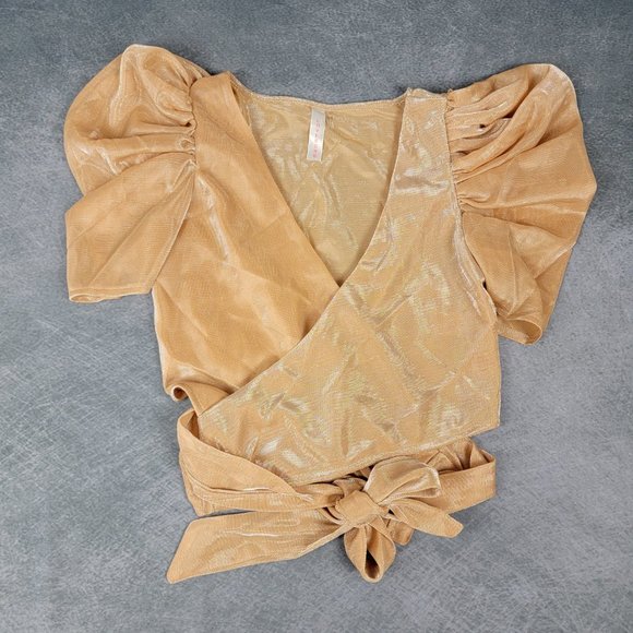 Wrapped Blouse Crop Top w Puff sleeves shimmery Blouse Cocktail - Picture 11 of 12